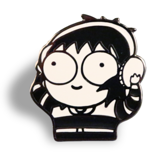 Enamel Pin of Sarah Andersen's cartoon avatar wearing headphones and signature striped sweater