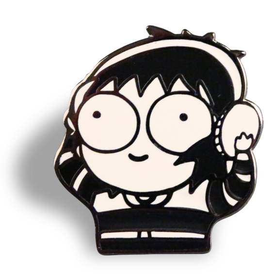 Enamel Pin of Sarah Andersen's cartoon avatar wearing headphones and signature striped sweater